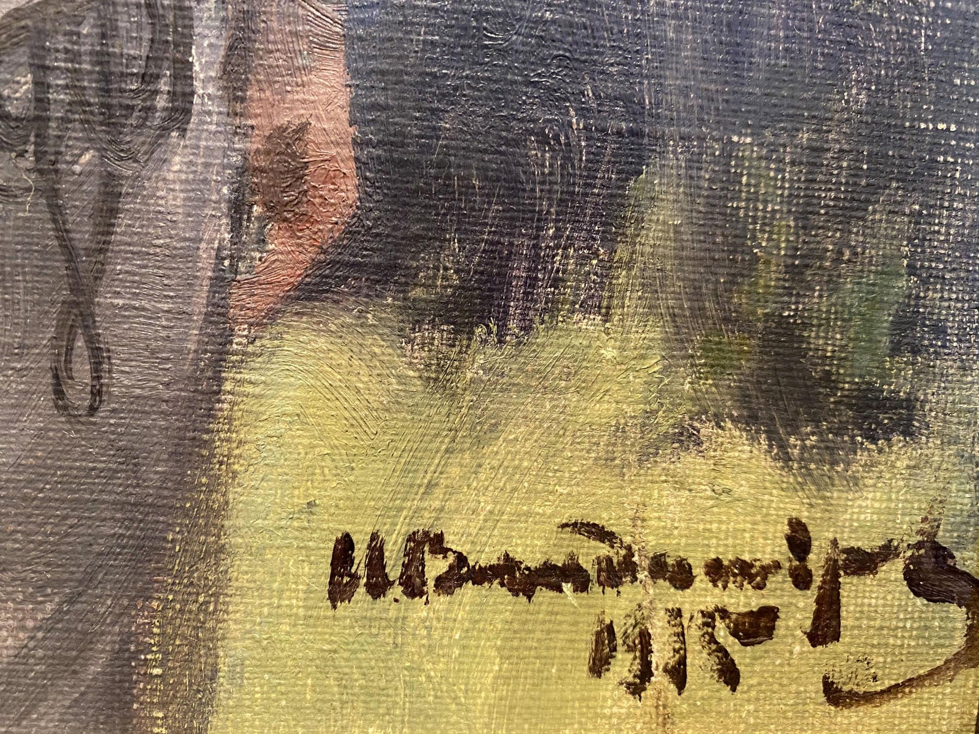 Back of oil painting Hungarian soldier by Ivan Alekseevich Vladimirov with brown ink signature on textured yellow green canvas