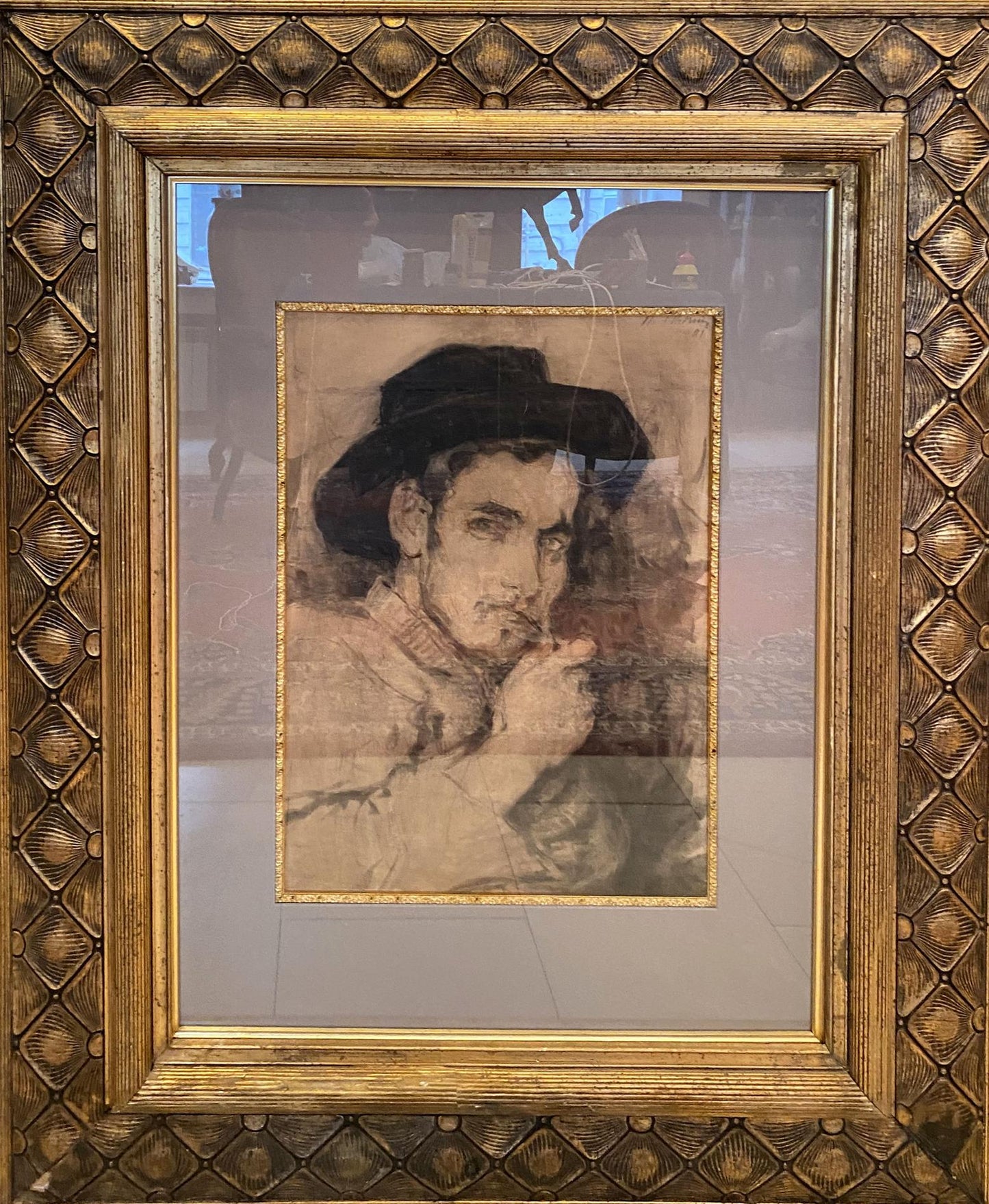 Ornate sepia portrait of man by Ilya Efimovich Repin in gold frame