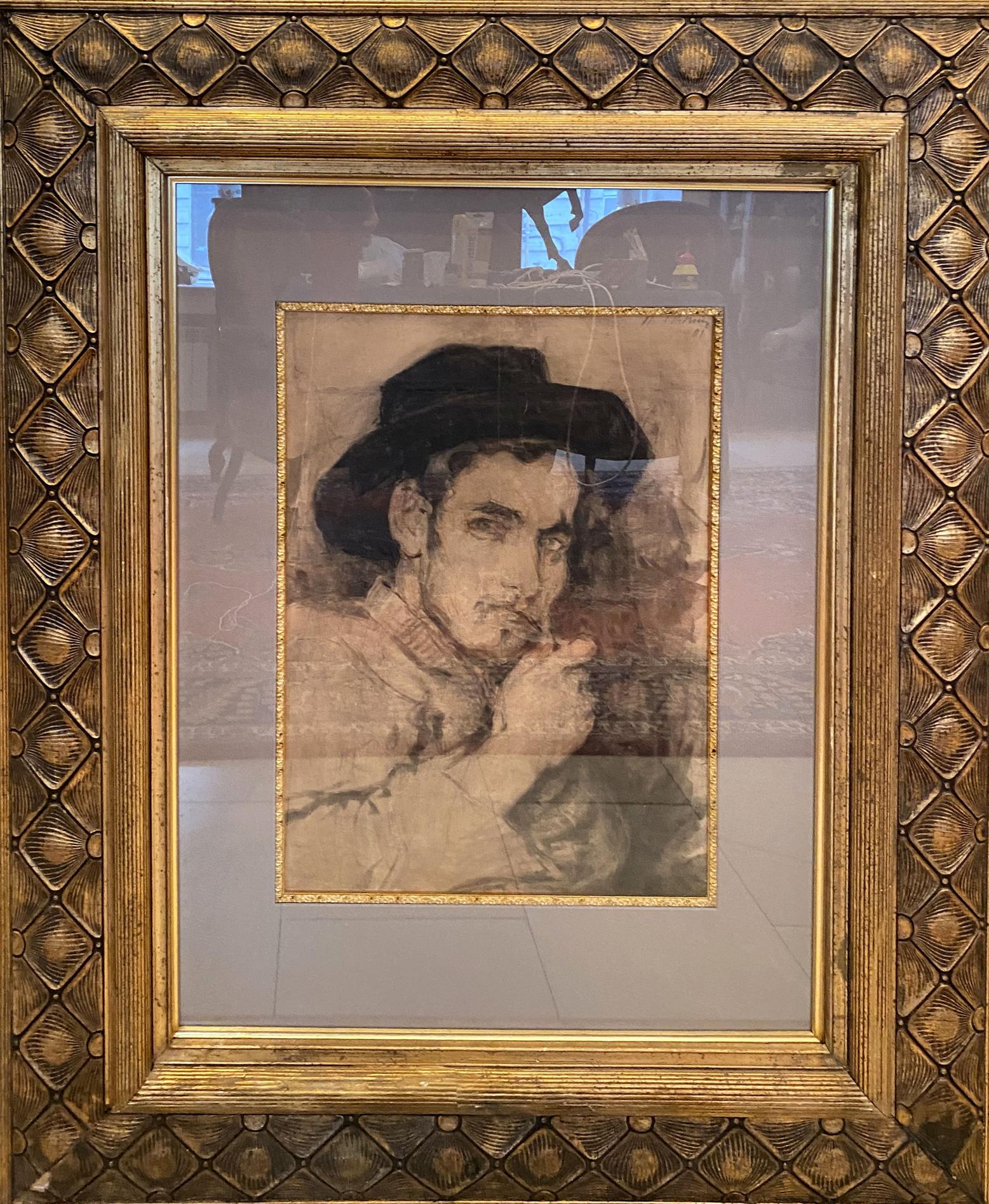 Ornate sepia portrait of man by Ilya Efimovich Repin in gold frame