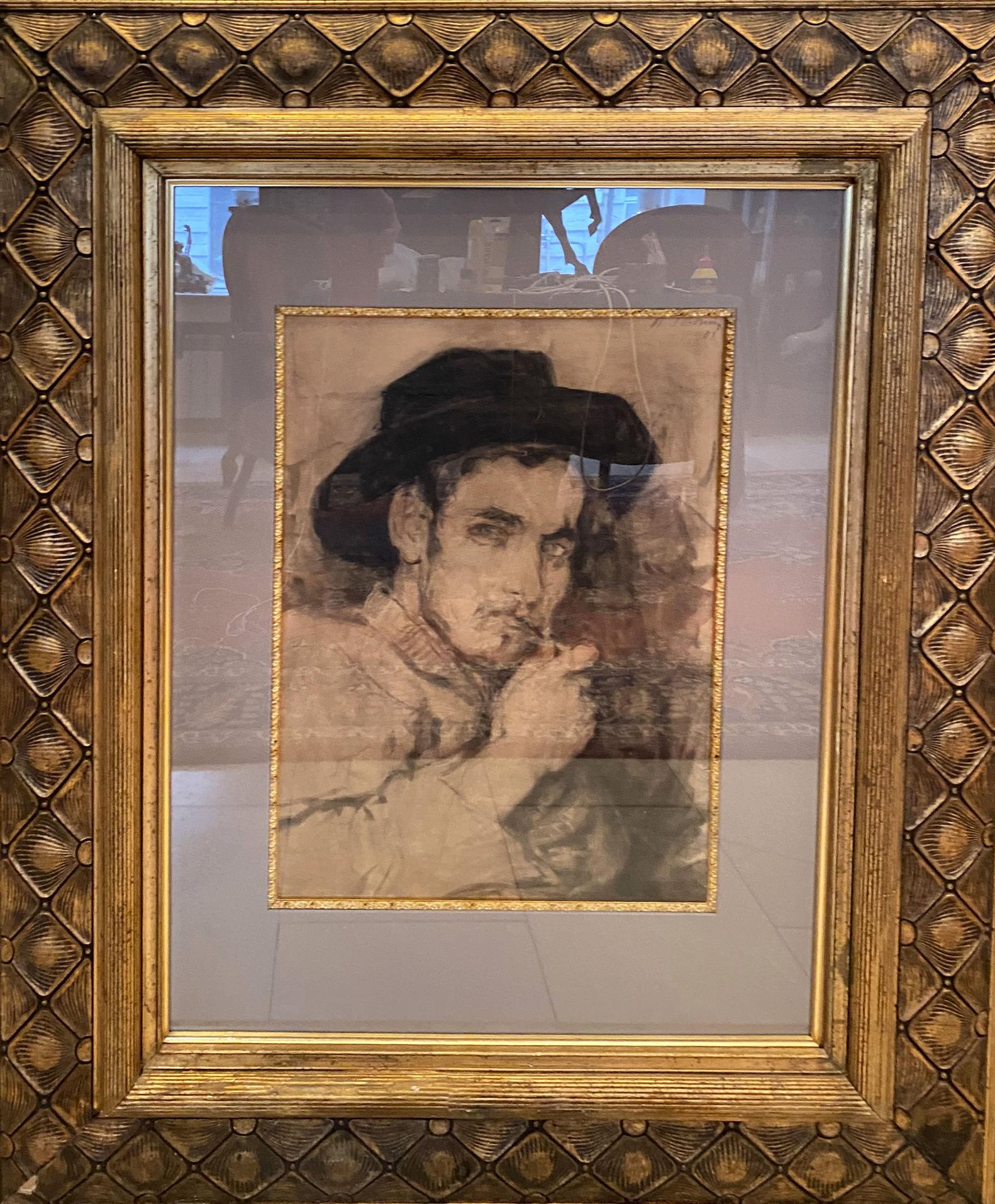 Sepia portrait sketch of man in dark hat by Ilya Repin, ornate gold frame