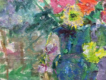 Vibrant impressionist oil painting of spring sunflowers by Dovgalevskaya Vera Veniaminovna