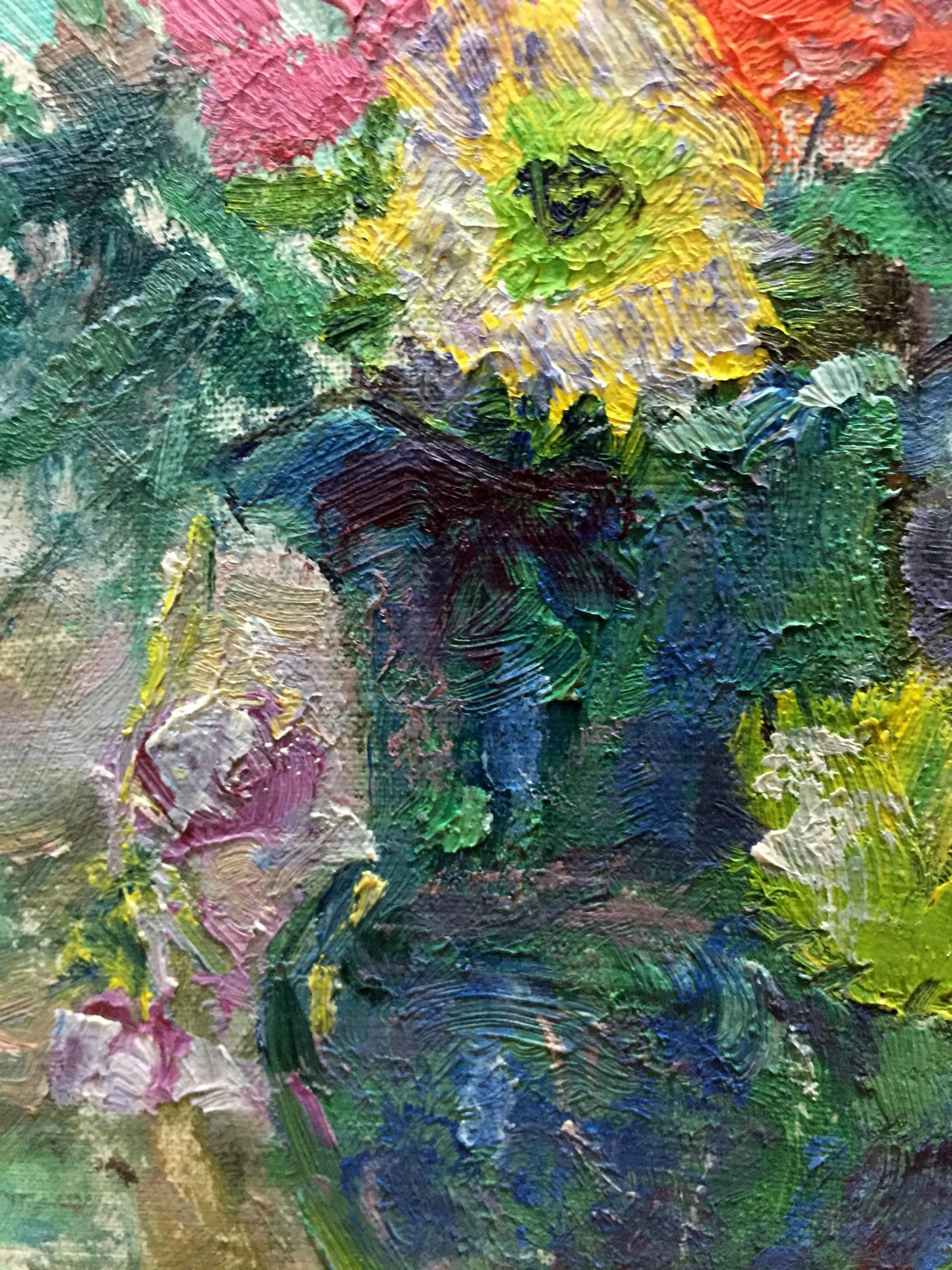 Vibrant yellow dahlia oil painting by Dovgalevskaya Vera Veniaminovna