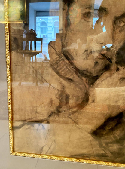 Framed Ilya Repin portrait painting of man in ornate gold border