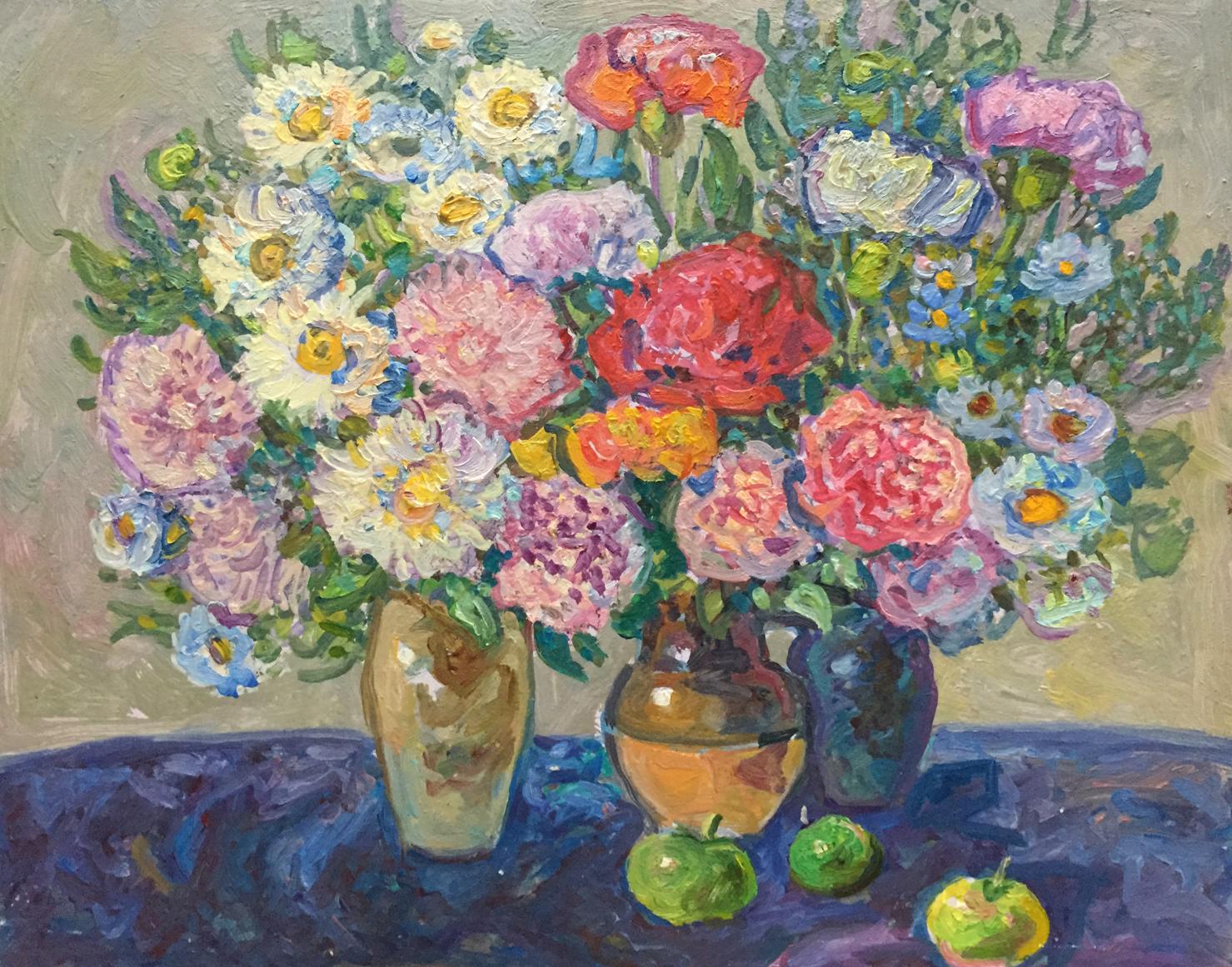 Oil painting by Ruban Grigory Savelievich: vibrant flowers in ornate vases