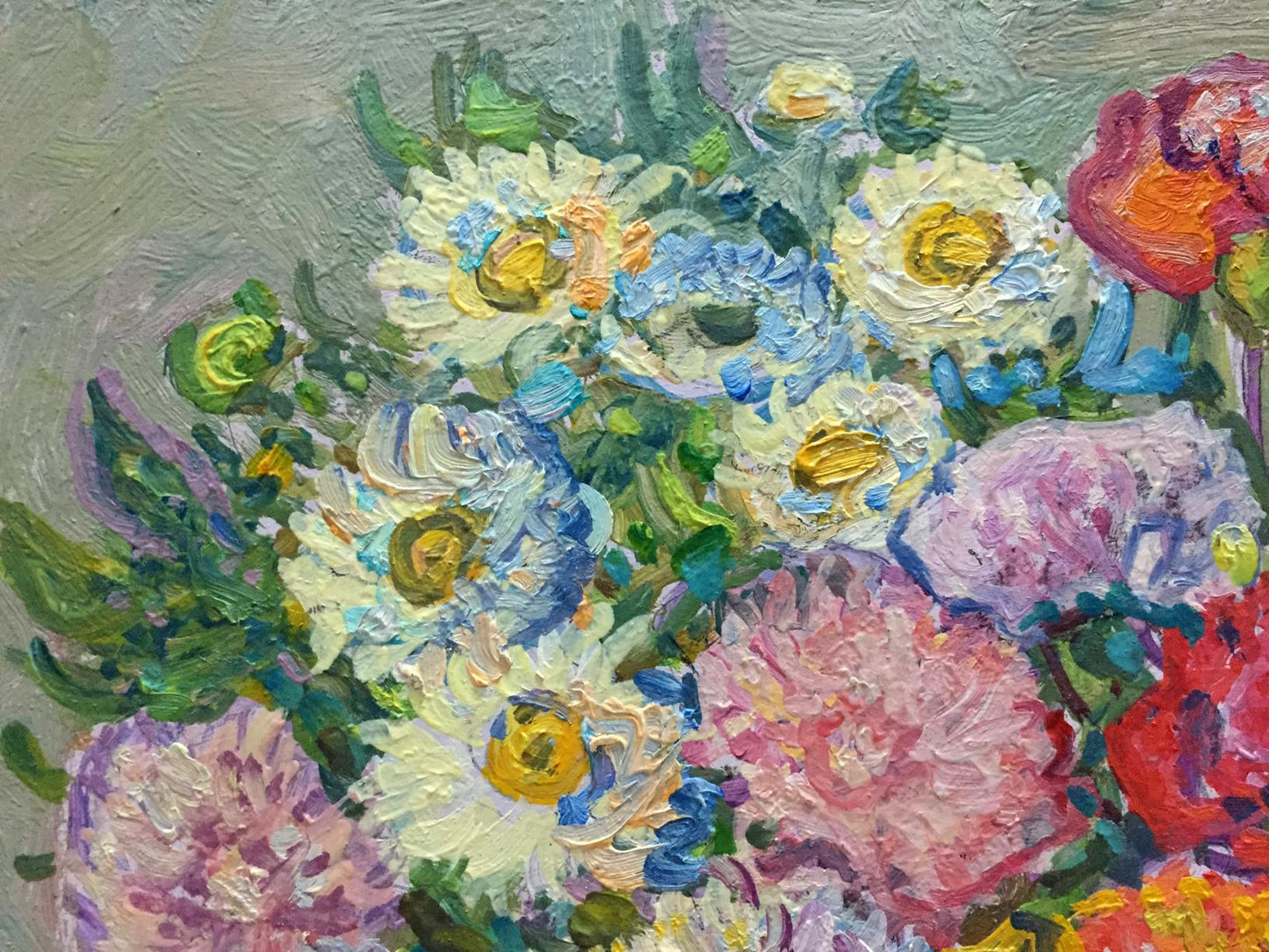 Vibrant oil painting of floral bouquet and apples by Ruban Grigory Savelievich