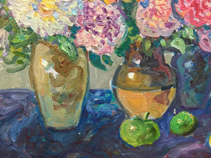 Oil painting by Ruban Grigory Savelievich: tall beige vase and amber bulbous vase with flowers