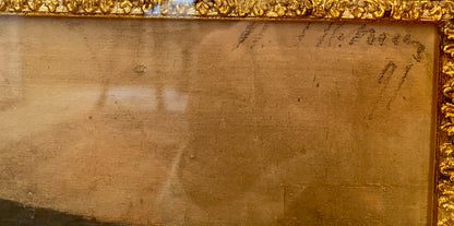 Back of gold-framed Repin portrait with handwritten inscriptions on aged beige surface