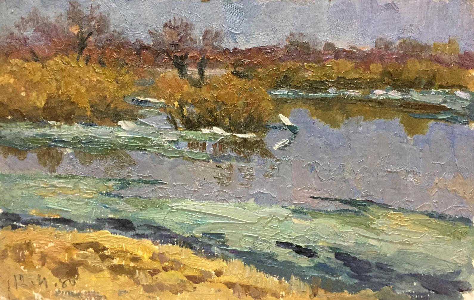 Oil painting Autumn time by Korzh Vladimir Demyanovich, autumn river landscape