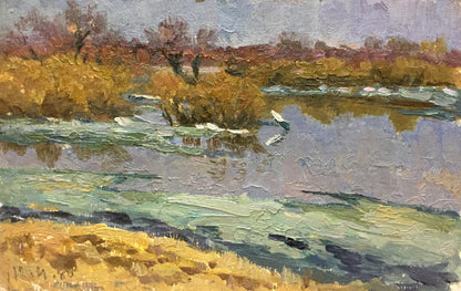 Oil painting Autumn time by Korzh Vladimir Demyanovich, autumn river landscape