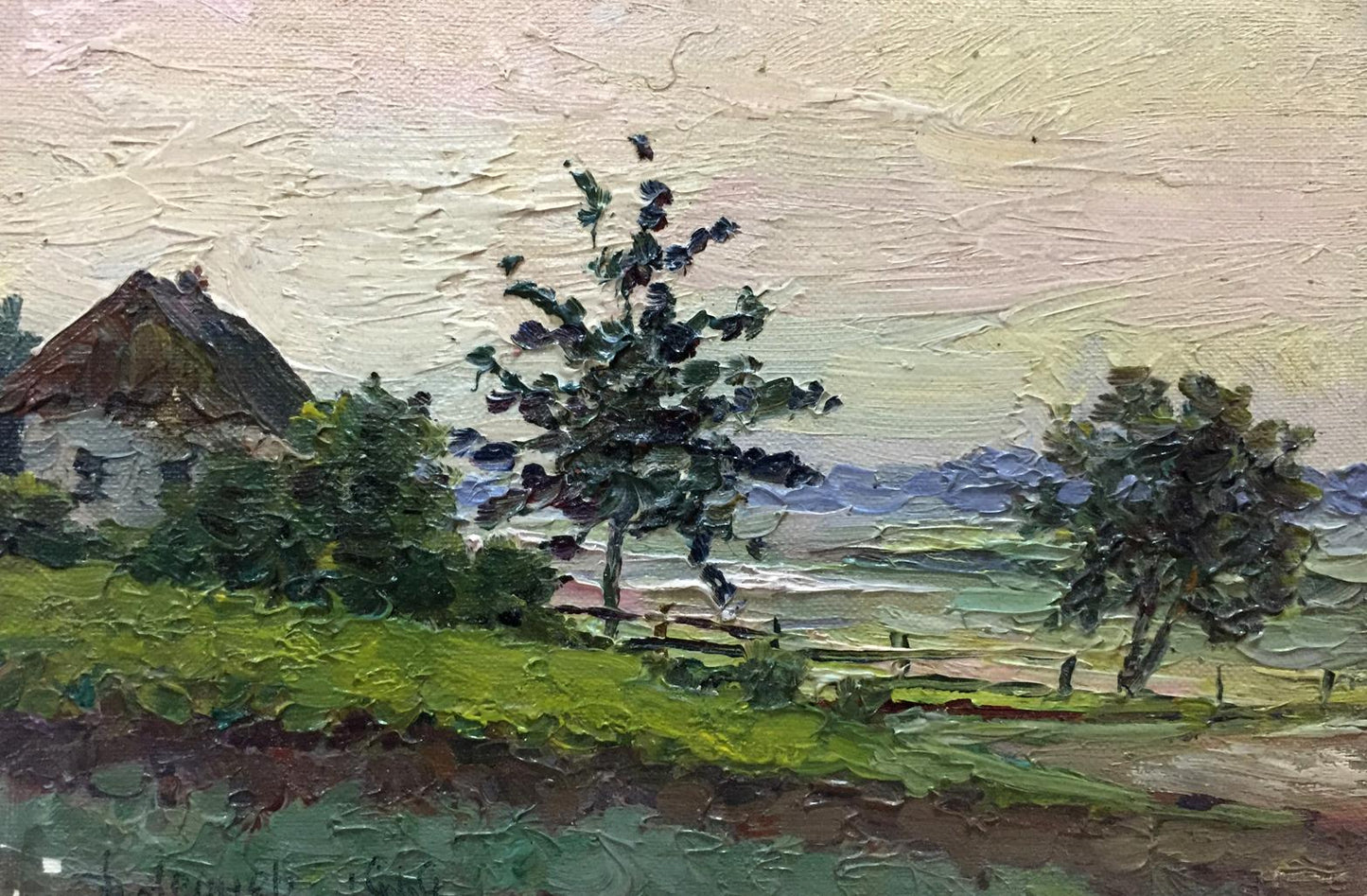 Oil painting Morning by Lednev Dmitry: rustic cottage in green fields