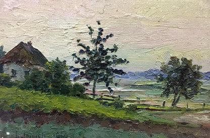 Oil painting Morning by Lednev Dmitry: rustic cottage in green fields