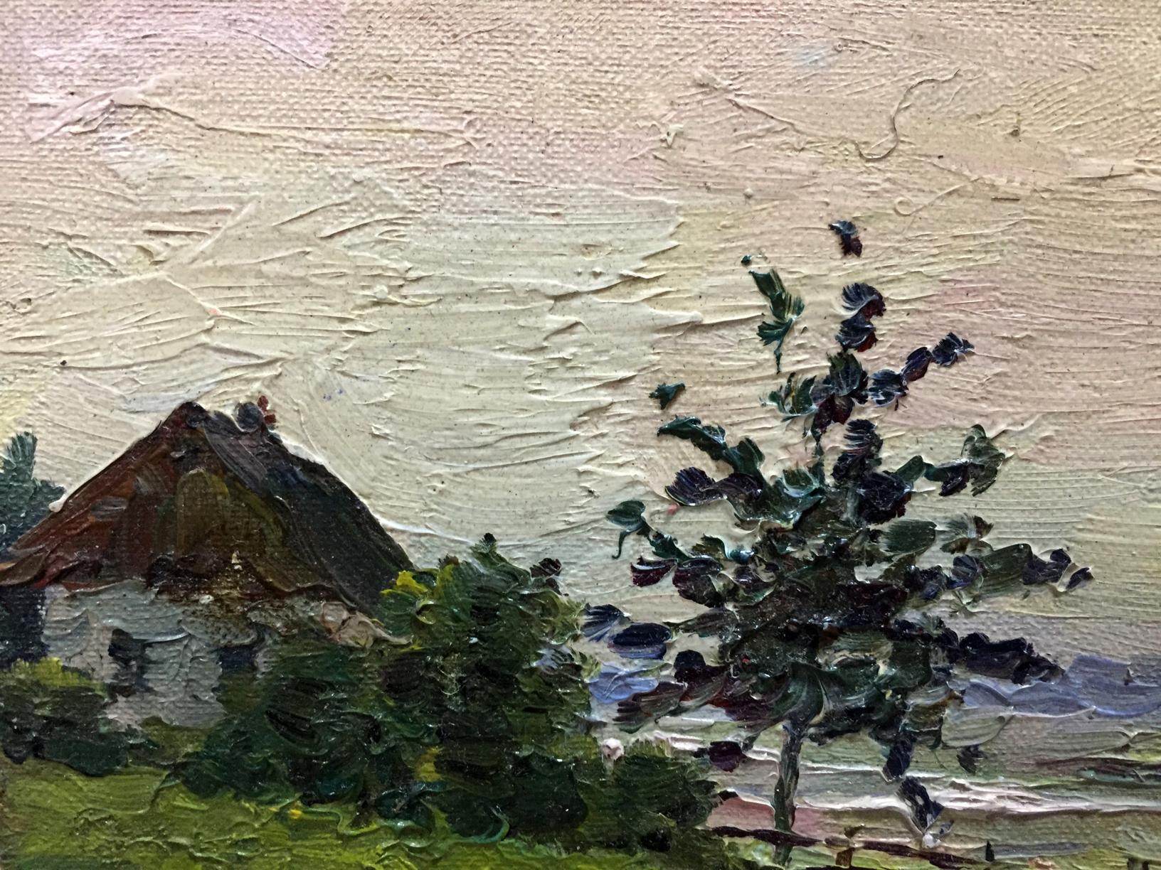 Oil painting Morning by Lednev Dmitry: rustic house in green foliage