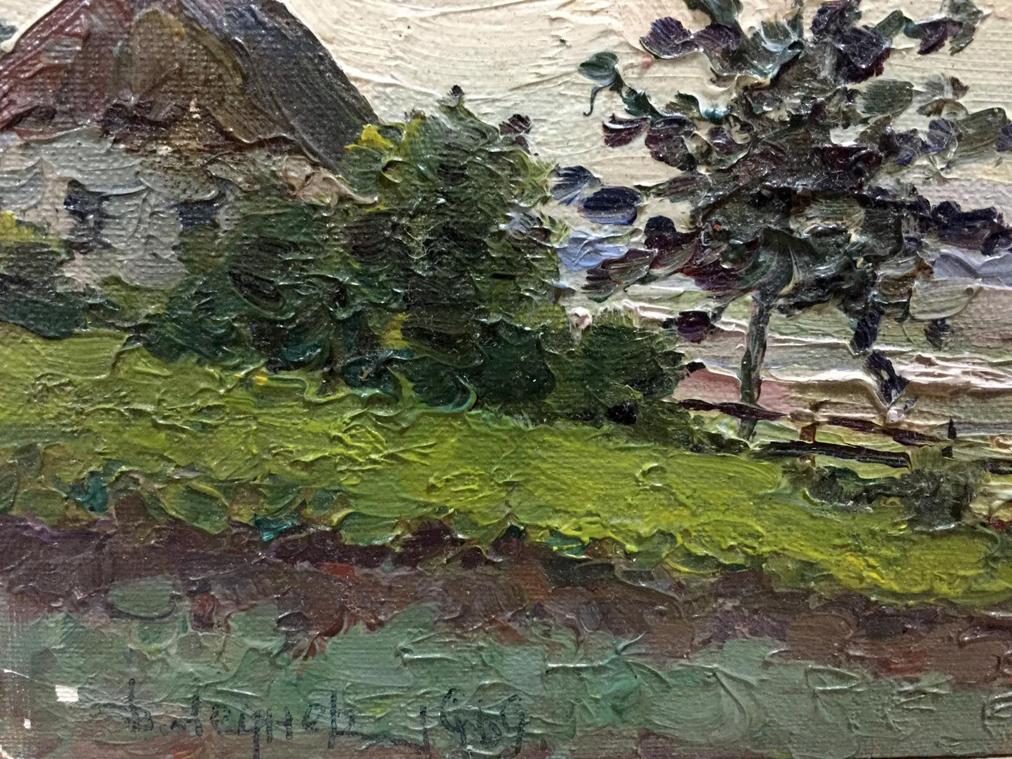 Impasto oil painting Morning Lednev Dmitry rural hills and trees