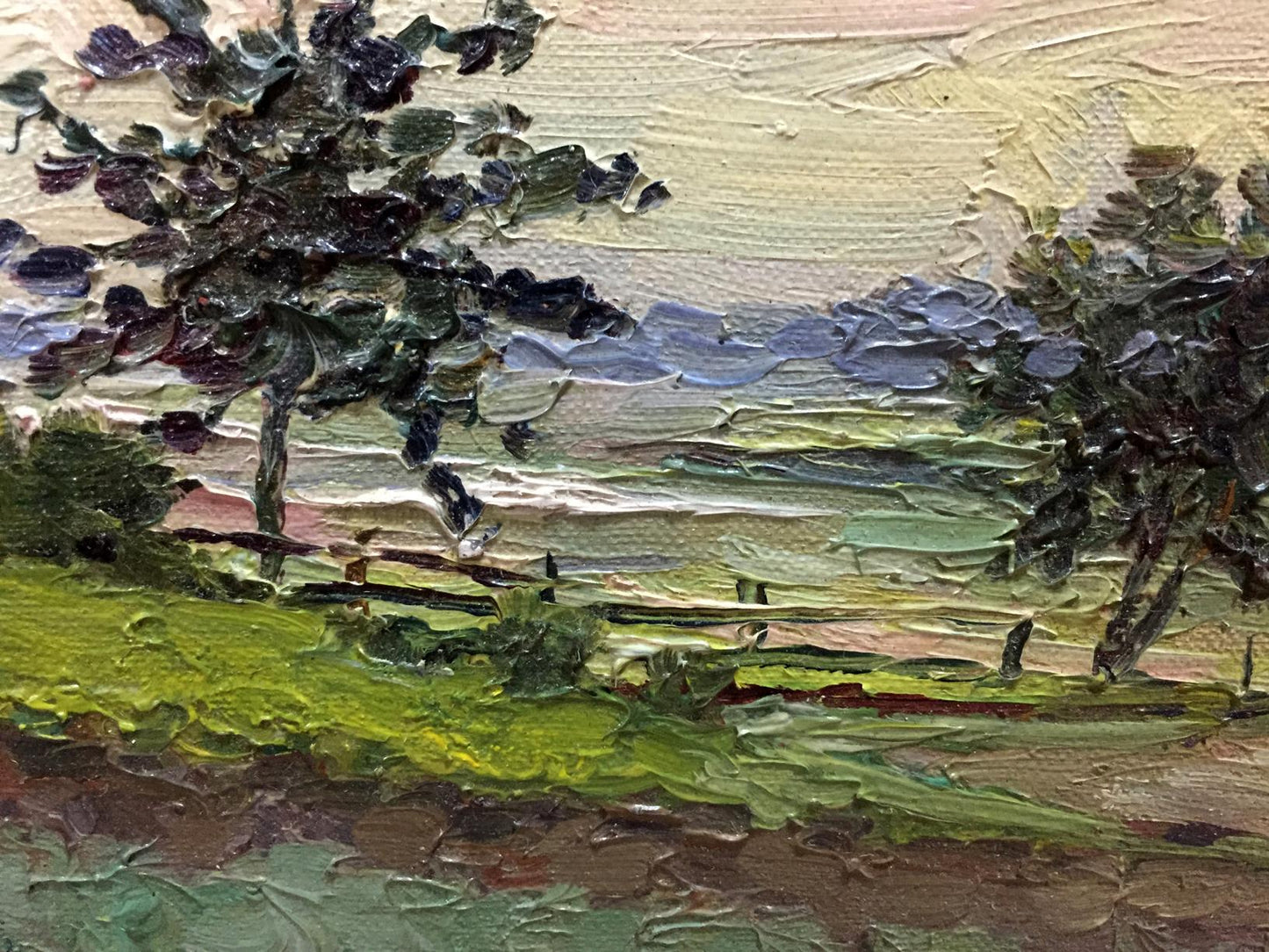 Impasto landscape oil painting Morning Lednev Dmitry textured greens blues earth tones