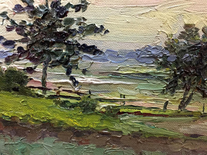 Impasto landscape oil painting Morning Lednev Dmitry textured greens blues earth tones