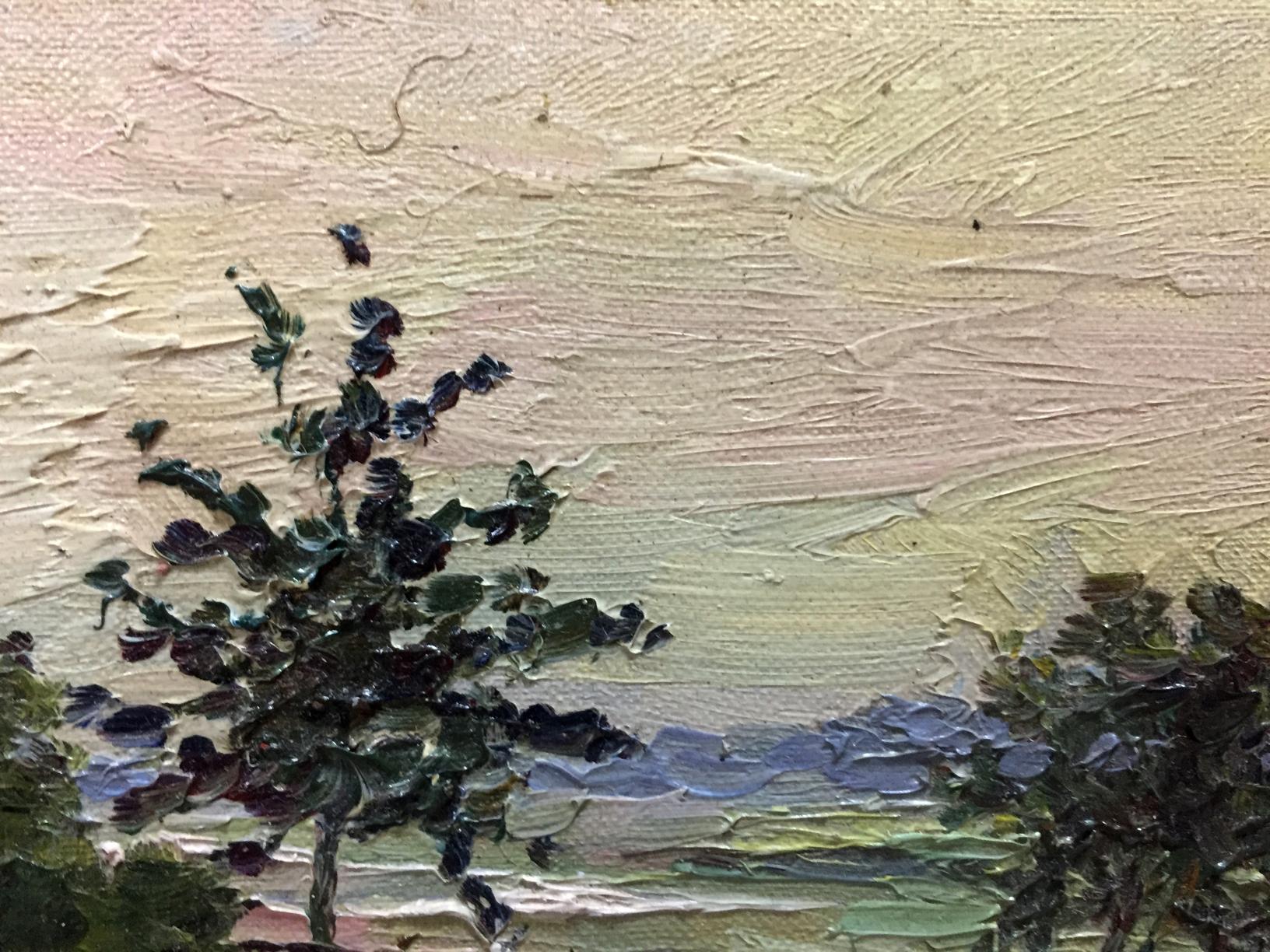 Oil painting Morning by Lednev Dmitry: textured dark green tree in impasto against soft yellow pink sky
