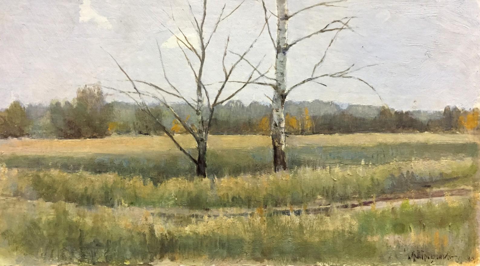 Serene oil painting by Tereshchenko Vasily Alekseevich: birch trees in golden field