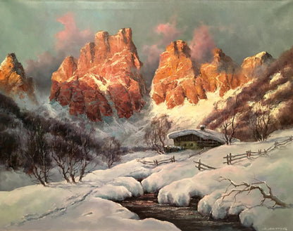 Oil painting Winter landscape by Heinrich Hartung: snowy mountains, cabin, stream