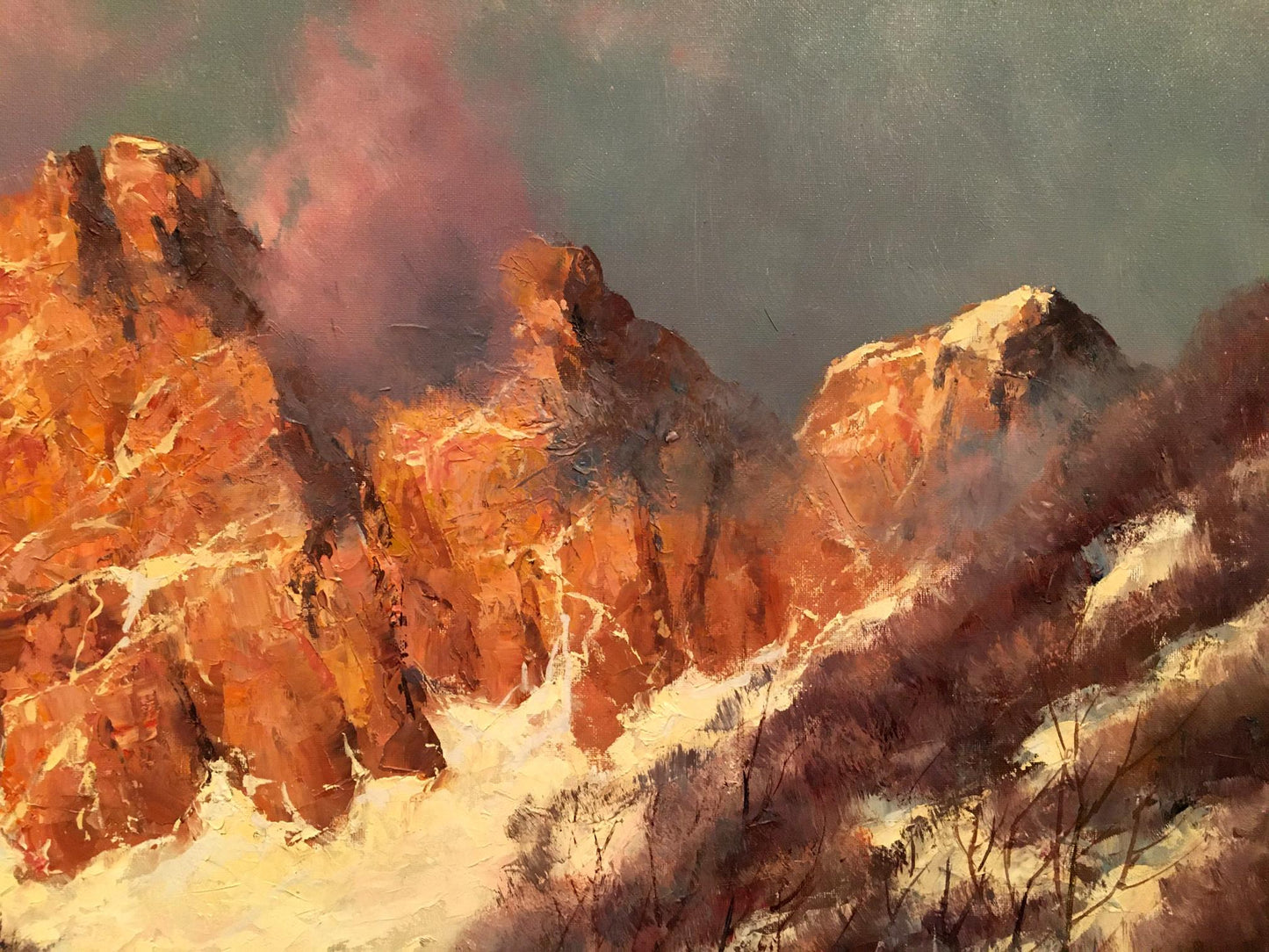 Oil painting Winter landscape by Heinrich Hartung: snowy reddish mountains