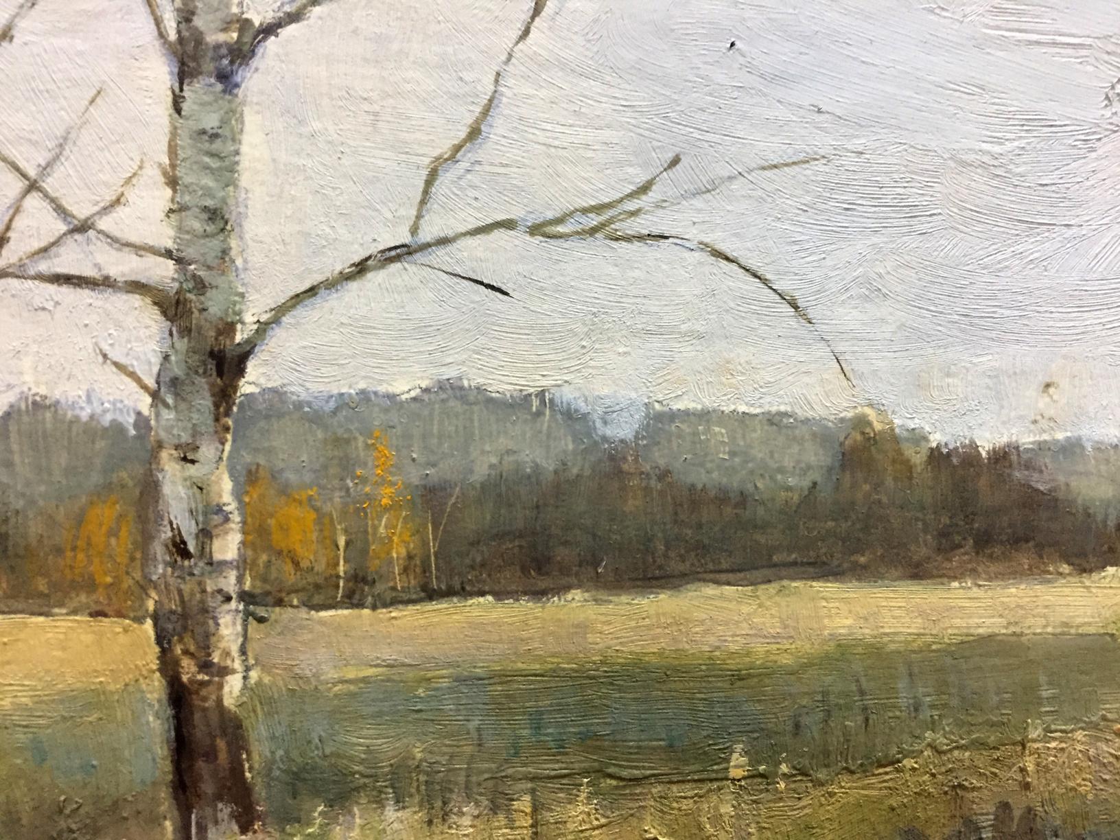 Oil painting of birch tree in autumn field near forest by Tereshchenko Vasily Alekseevich