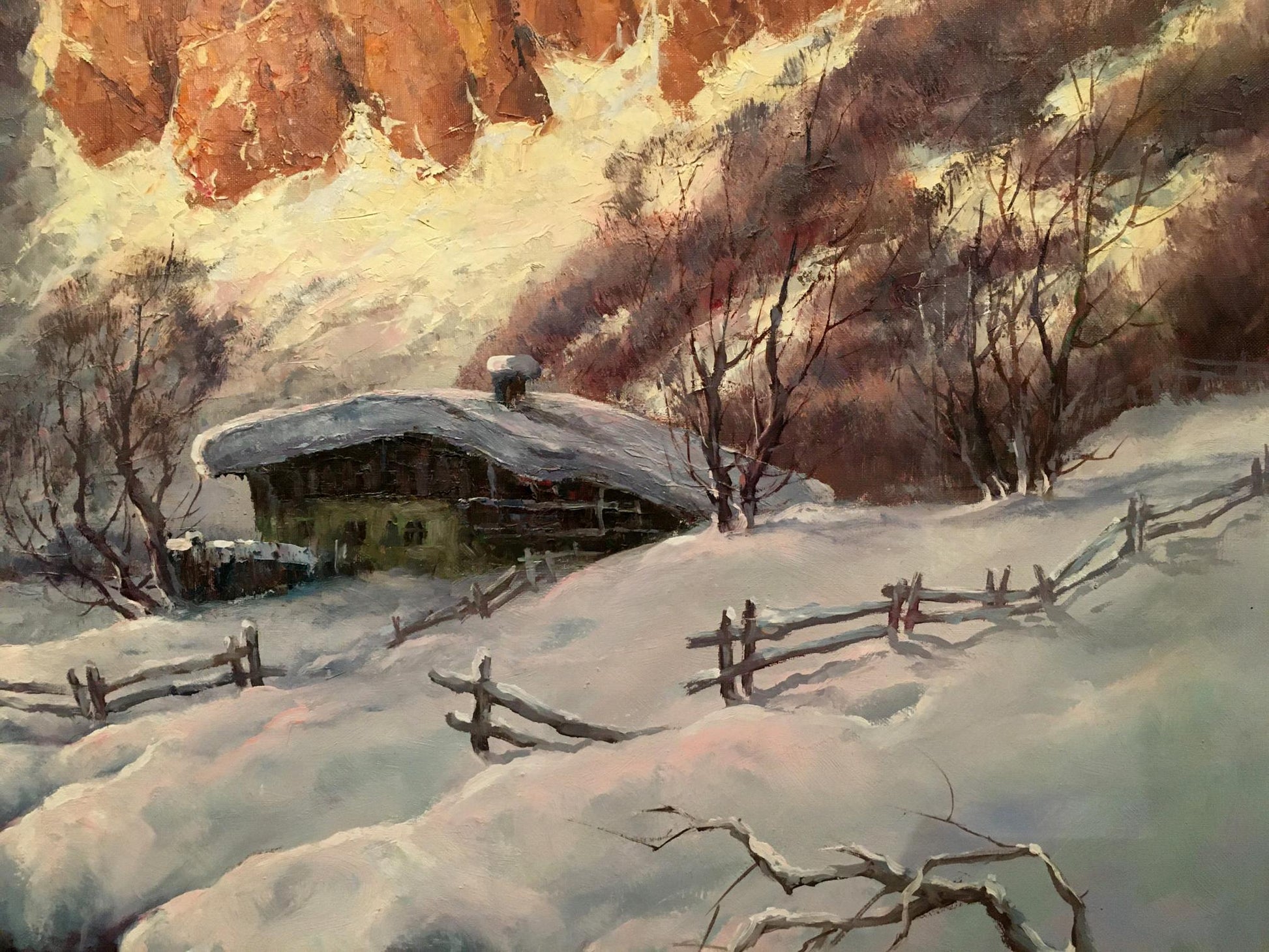 Oil painting by Heinrich Hartung: rustic snowy cabin in winter landscape