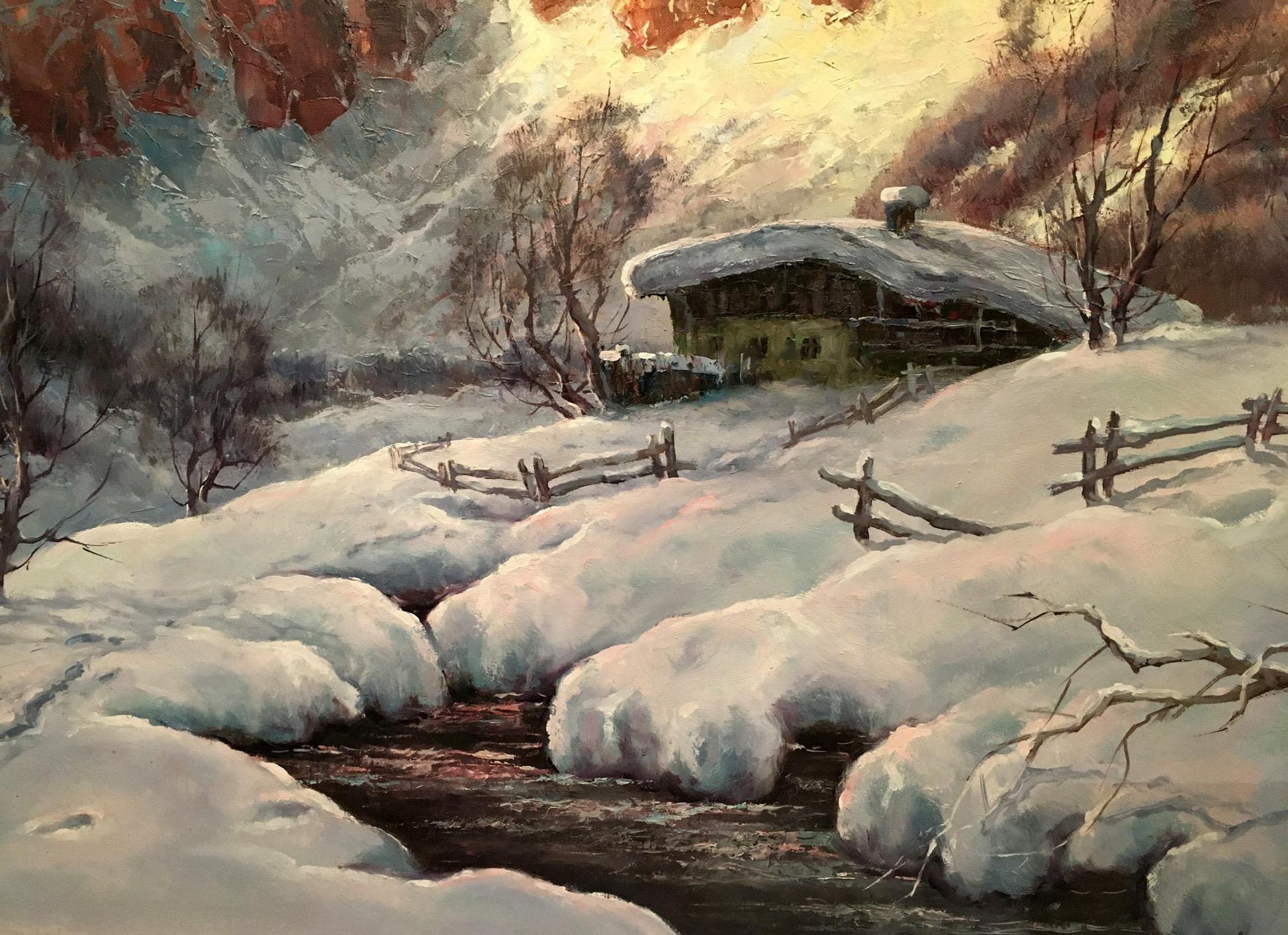 Oil painting of snow-covered wooden cabin in winter landscape by Heinrich Hartung