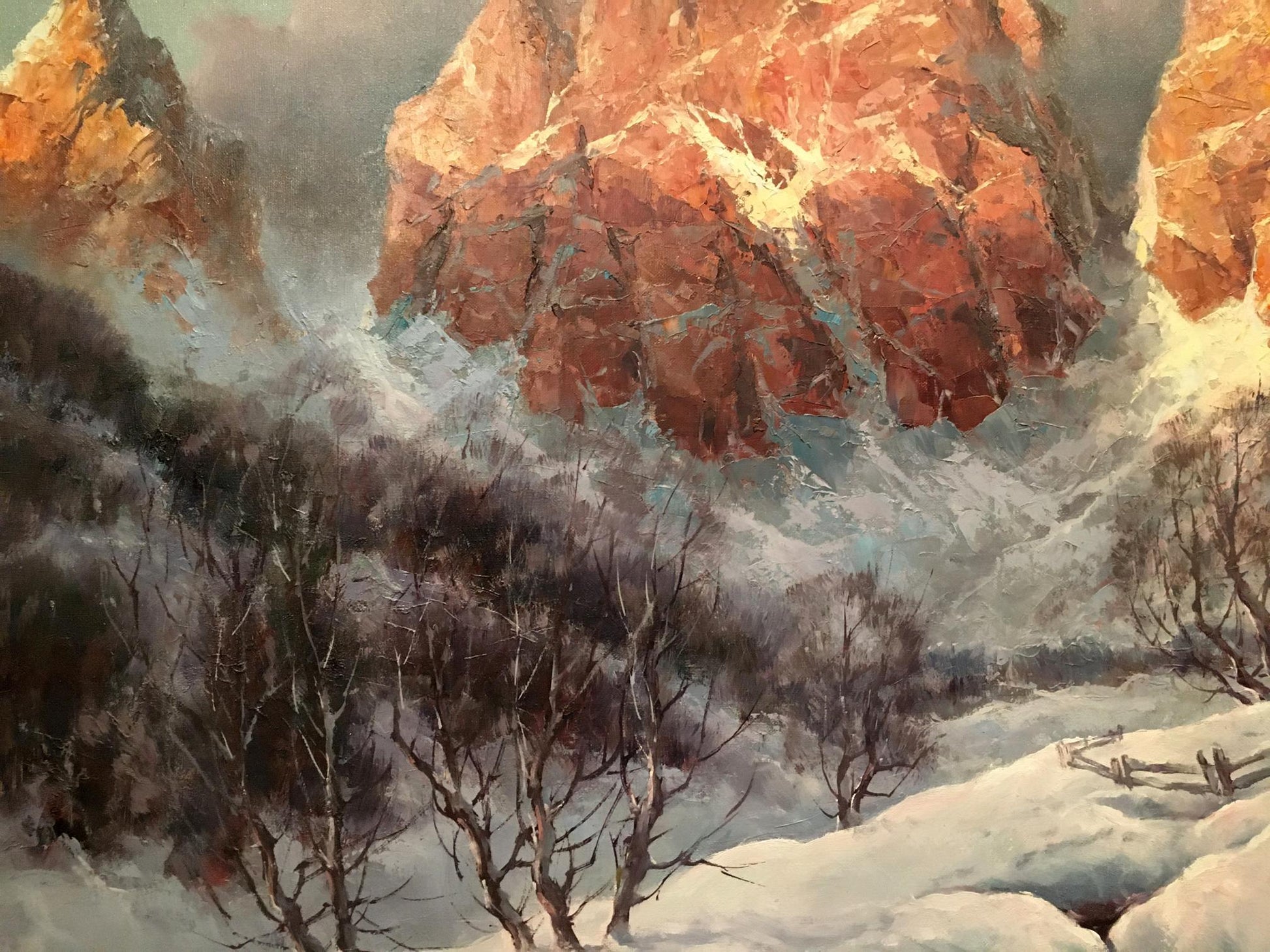 Oil painting Winter landscape by Heinrich Hartung: snowy valley rocks