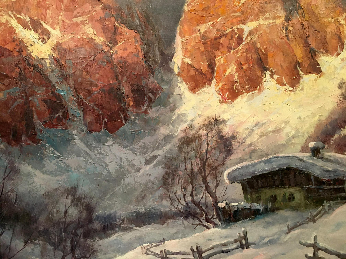 Oil painting by Heinrich Hartung: rustic cabin in snowy valley with red rock cliffs