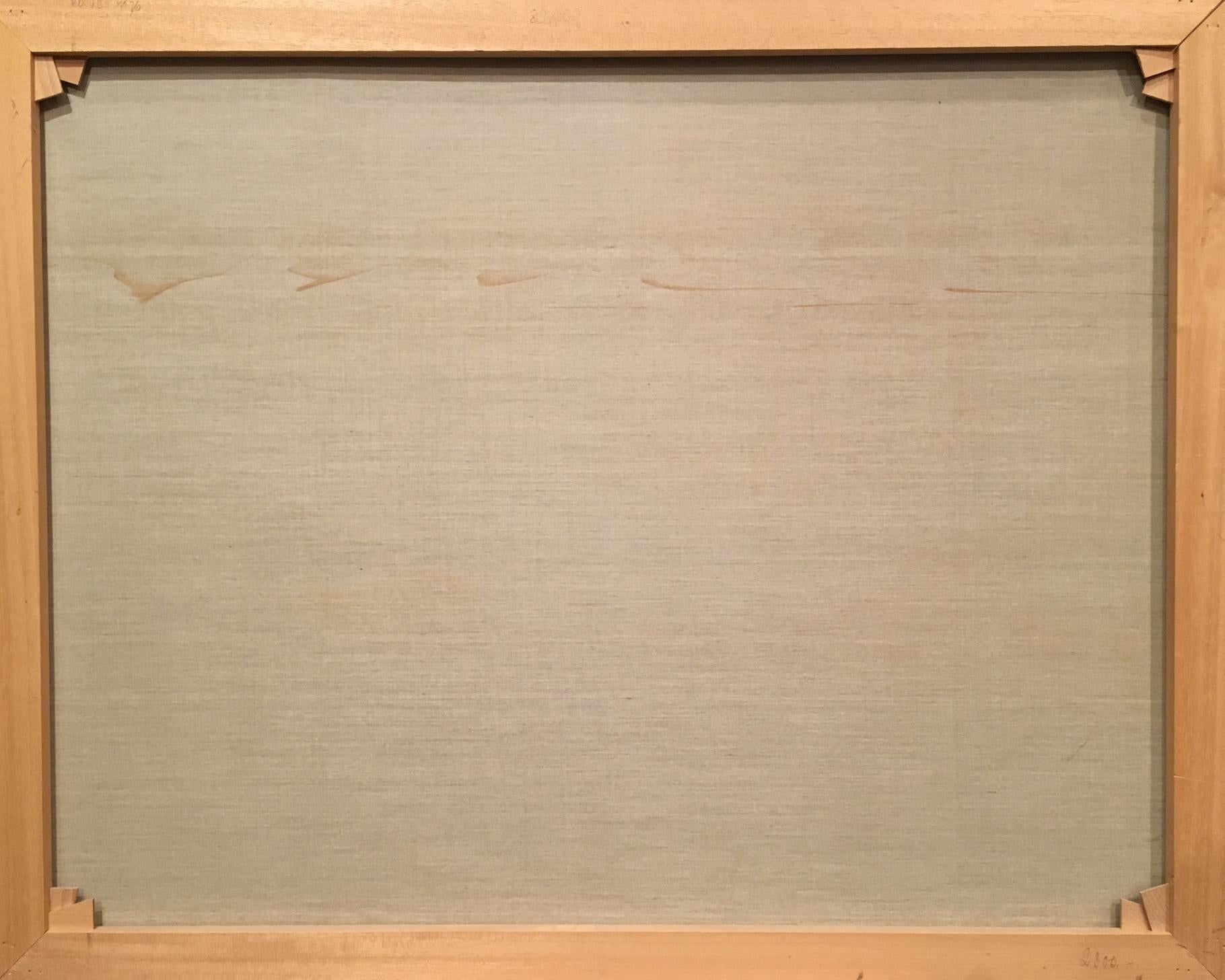Back of Heinrich Hartung Winter landscape oil painting in light wooden frame with beige fabric