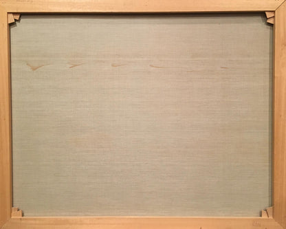 Back of Heinrich Hartung Winter landscape oil painting in light wooden frame with beige fabric