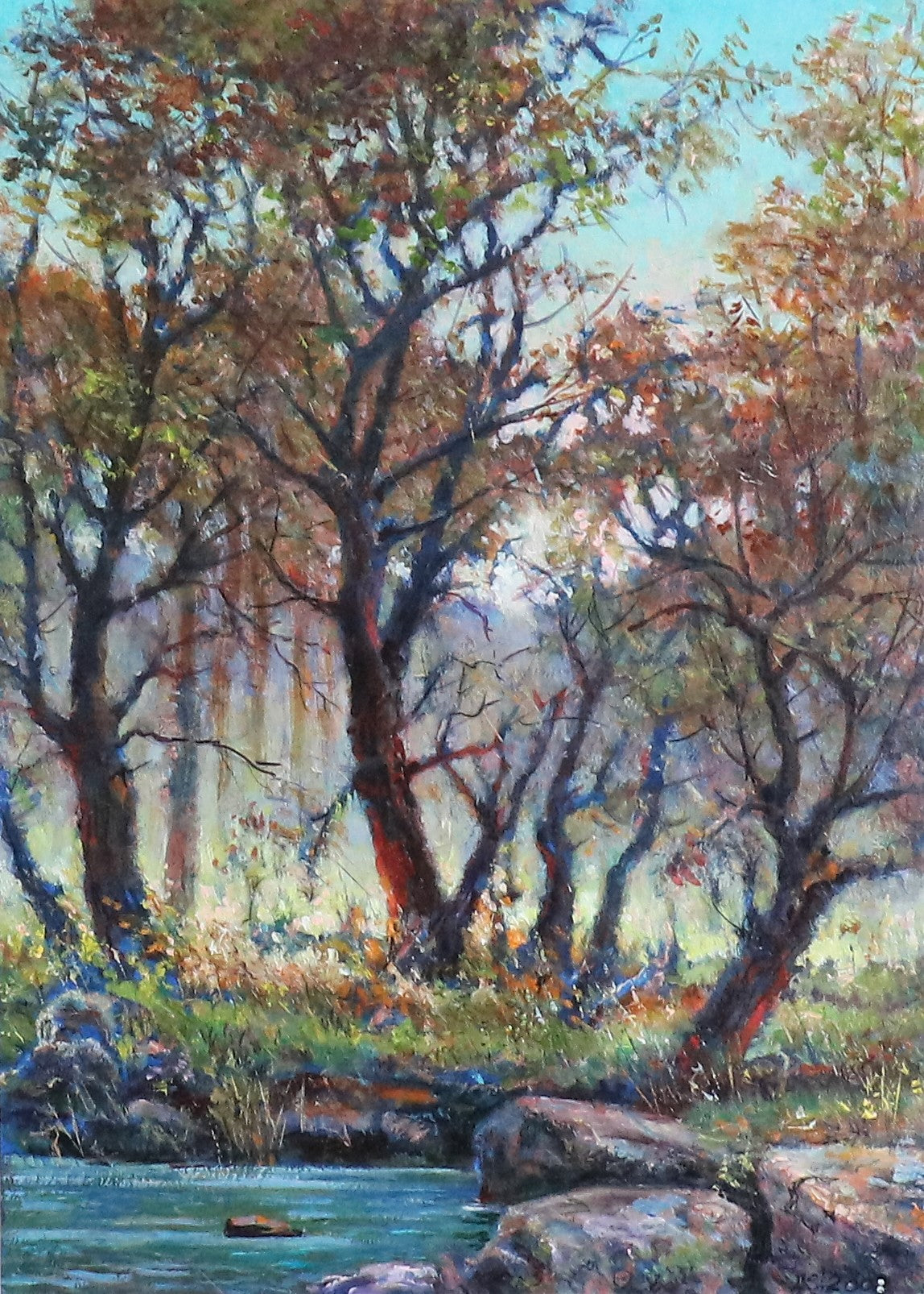 Oil painting Silence by Vitaly Duhnevich: autumn forest with red trees and blue stream