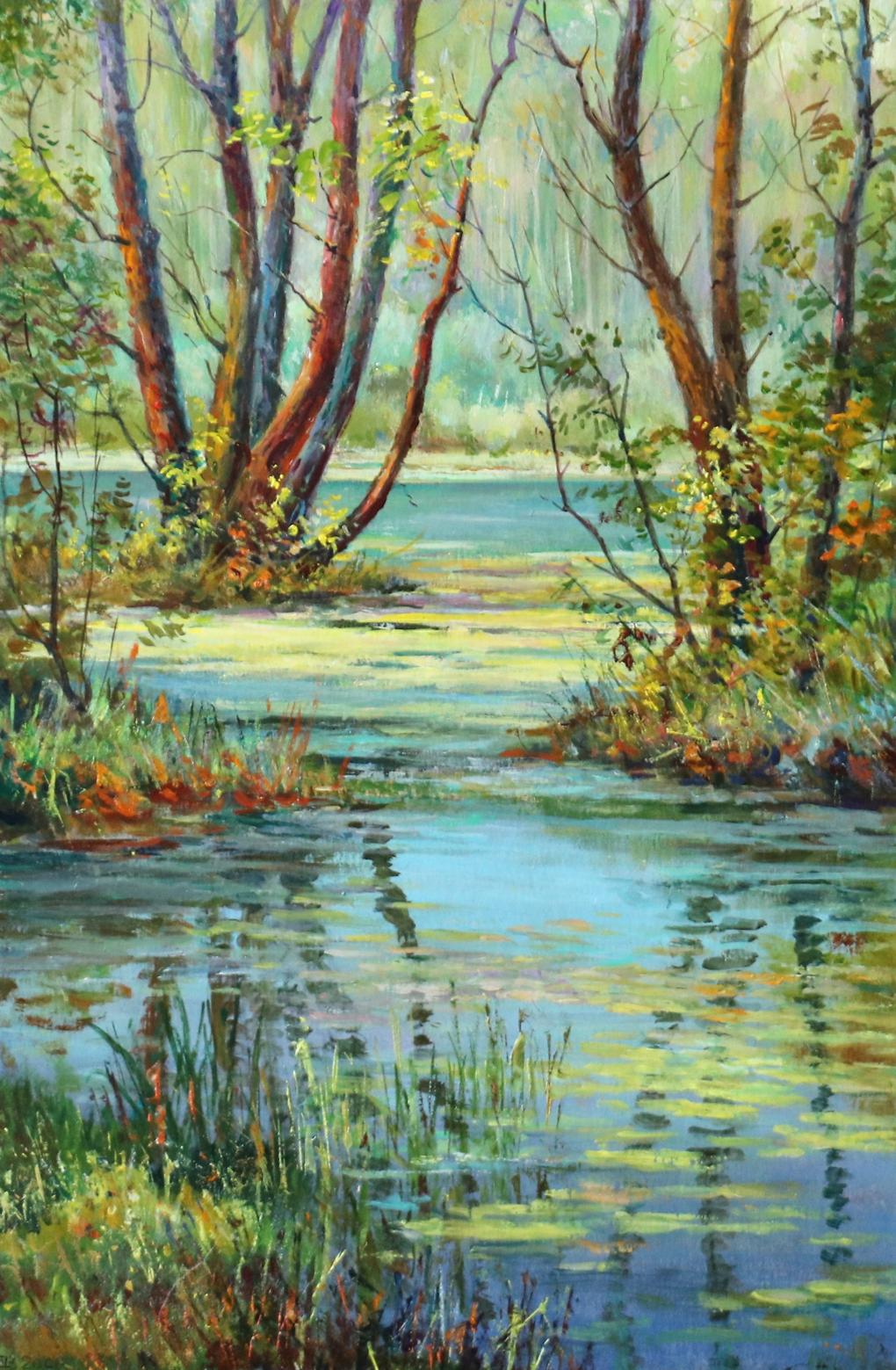Vibrant impressionist oil painting of forest swamp stream by Vitaly Duhnevich