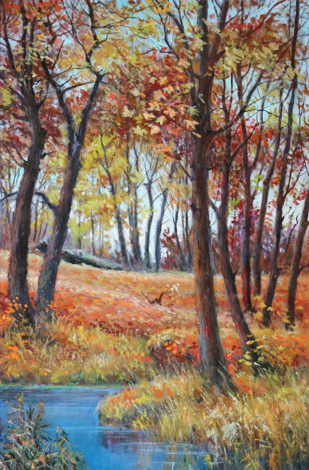 Autumn forest oil painting by Vitaly Duhnevich with vibrant leaves and stream