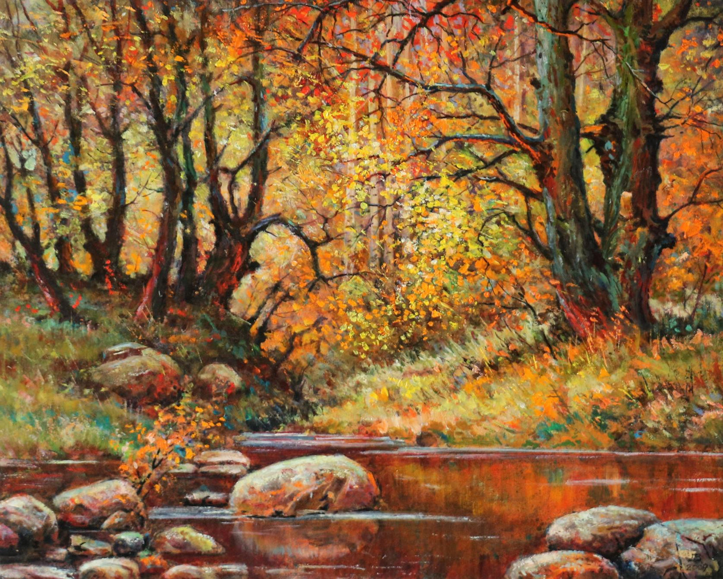 Oil painting Gold autumn by Vitaly Duhnevich: vibrant forest stream scene