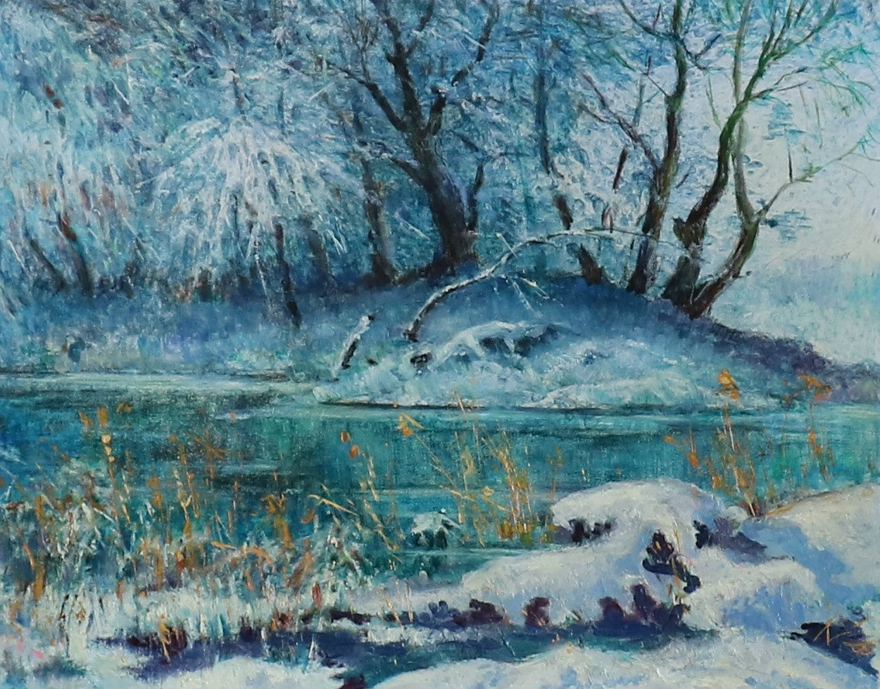 Winter evening oil painting by Vitaly Duhnevich: snowy trees, frozen lake