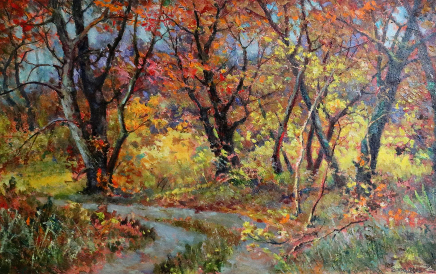 Oil painting of vibrant autumn forest trees by Vitaly Duhnevich