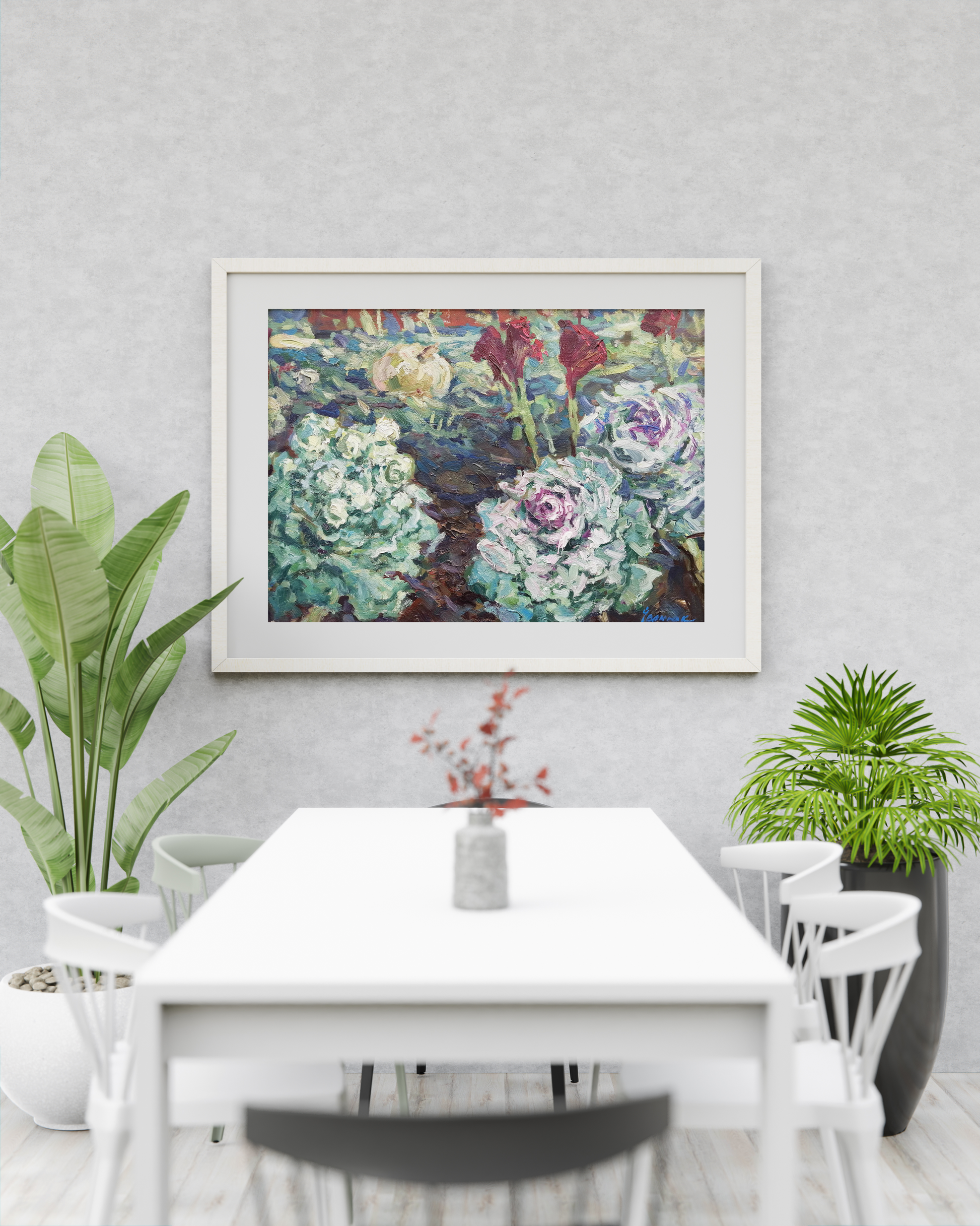Framed oil painting of colorful textured cabbage flowers by Ivanyuk Alex