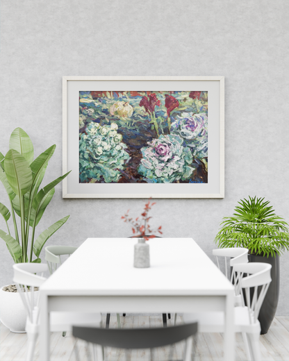 Framed oil painting of colorful textured cabbage flowers by Ivanyuk Alex