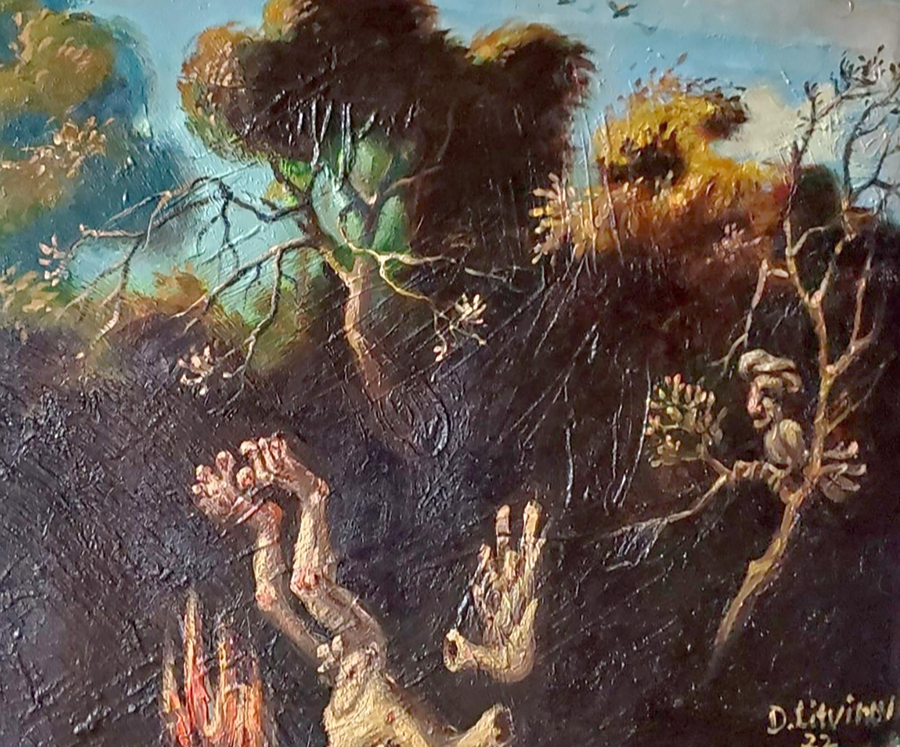 Oil painting The Fall of Icarus by Litvinov Daniil Olegovich, skeletal hands in dark forest