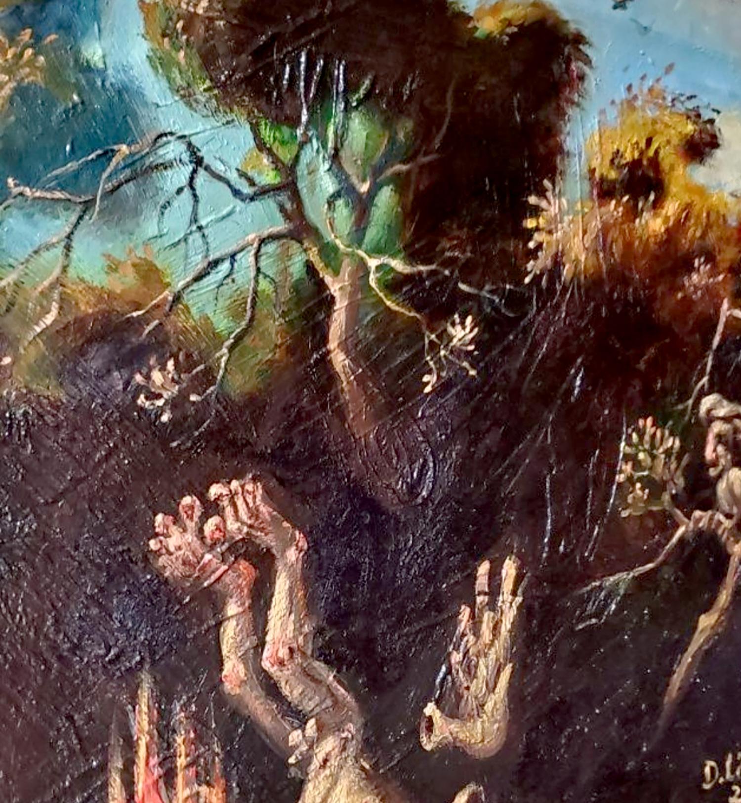 Oil painting The Fall of Icarus by Litvinov Daniil Olegovich: skeletal hands in dark forest