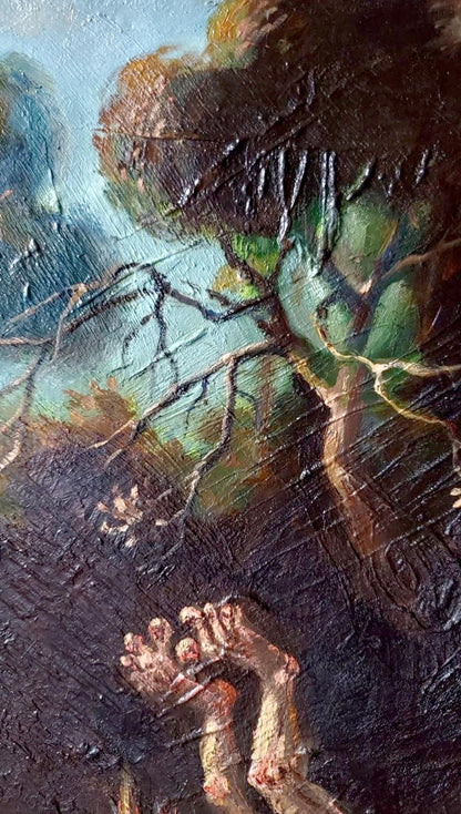 Oil painting The Fall of Icarus by Litvinov Daniil Olegovich: blood-stained hands reaching through gnarled branches