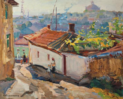 Oil painting by Kobylenkov Mikhail Vasilyevich of sunlit village street