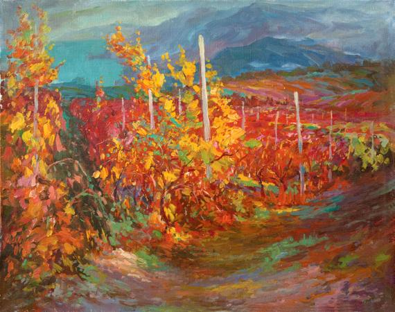 Oil painting Red vineyard Levichev Anatoly vibrant autumn landscape
