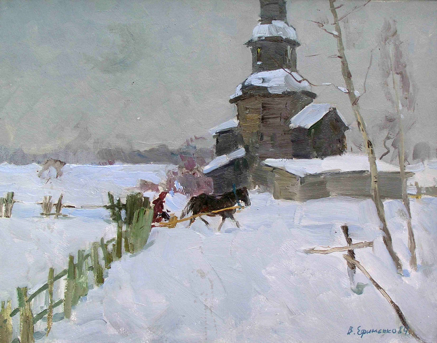 Oil painting Gray day by Efimenko Victor Romanovich: snow-covered wooden church