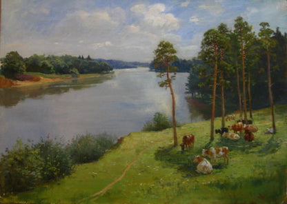 Custom Sotheby’s landscape oil painting of serene river, grazing cows, lush greenery