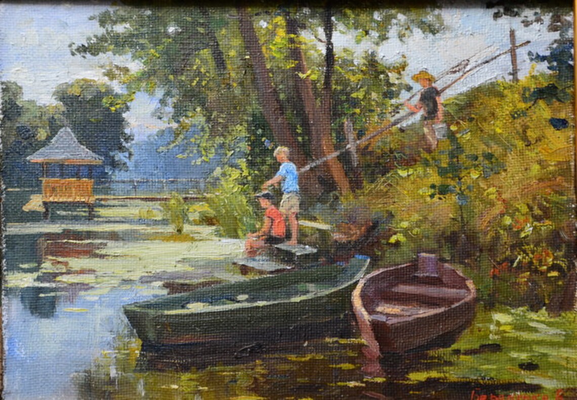 Custom Sotheby’s landscape: rustic wooden rowboat on calm water