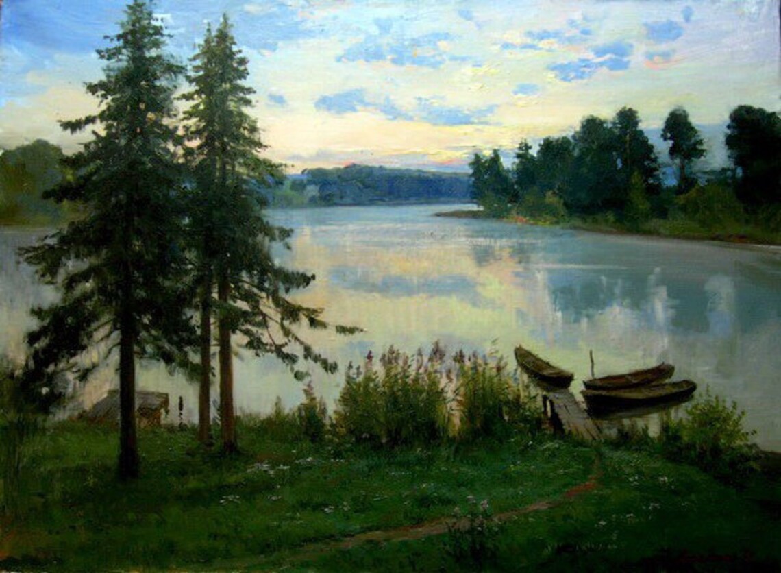 Custom Sotheby’s lakeside landscape painting from photo with boats and trees