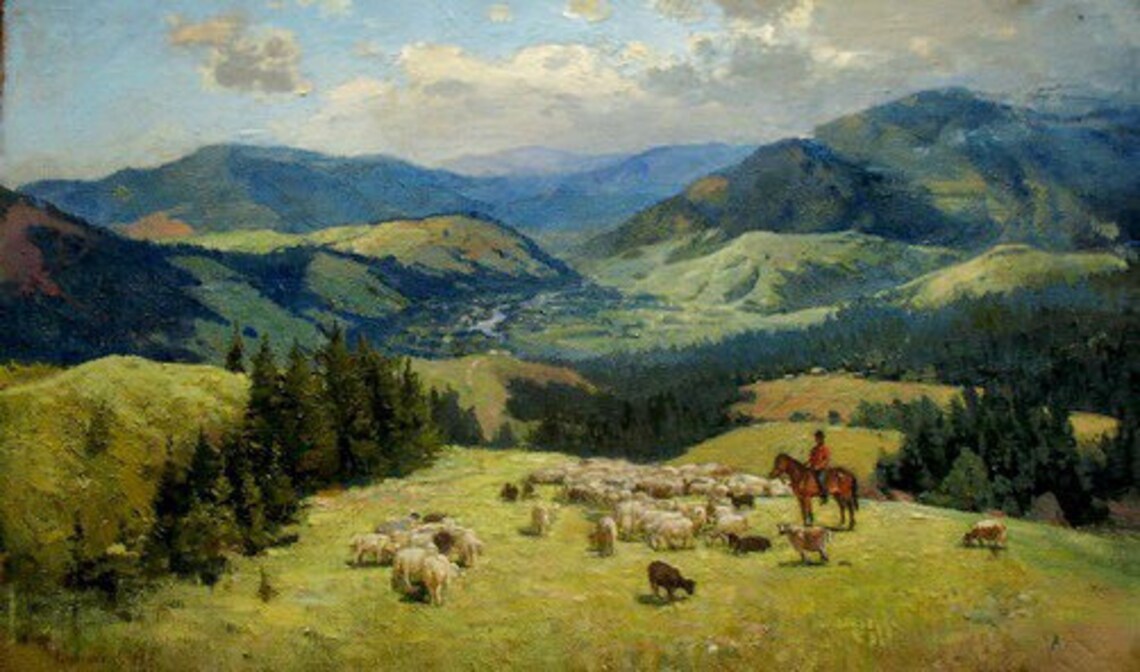 Custom Sotheby’s pastoral oil painting of shepherd guiding sheep on hills