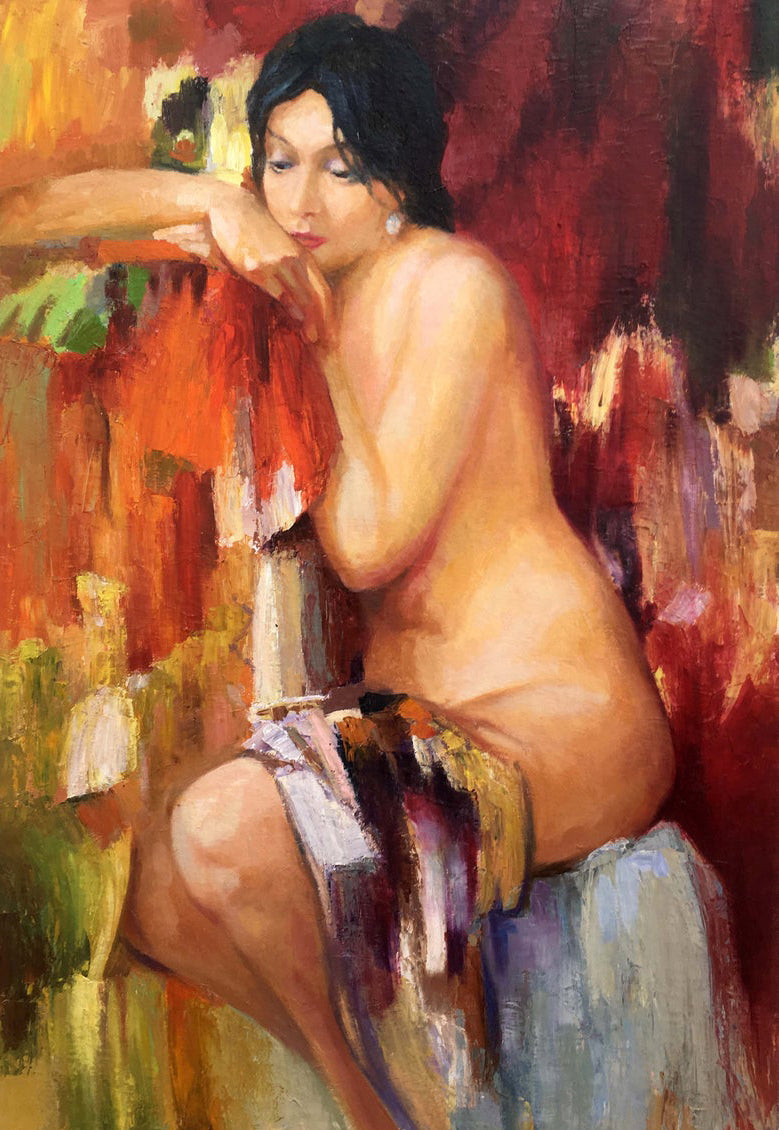 Oil painting of female figure on red by Serdyuk Boris Petrovich