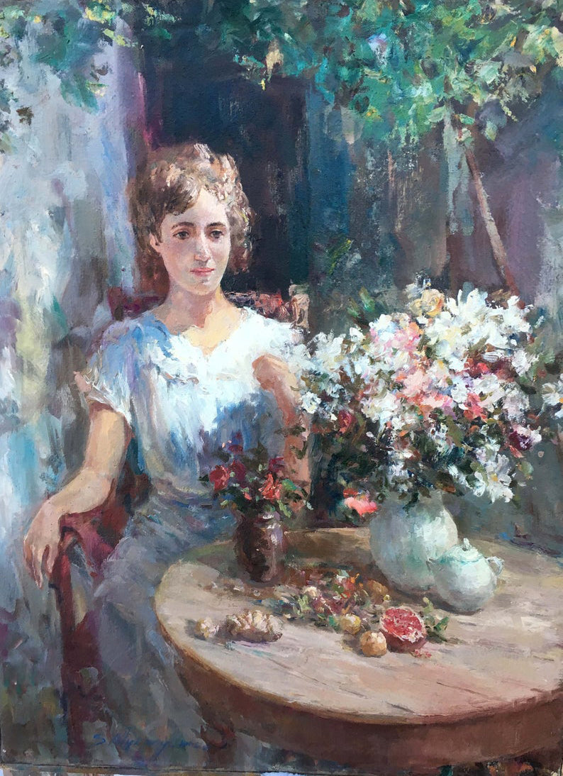 Pensive girl oil painting with lush white pink red flowers in green vase